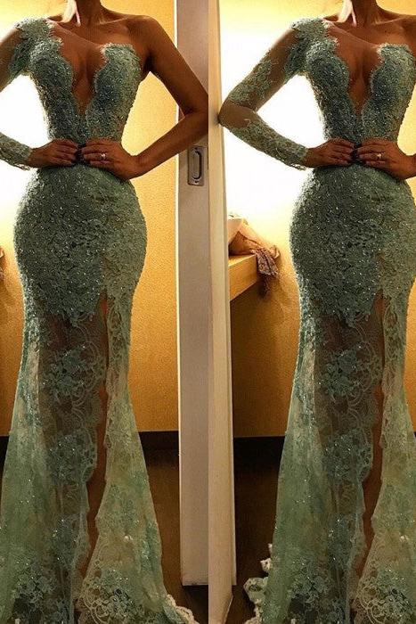 Beautiful One Shoulder Mermaid Evening Dress Lace Long Prom Party Dress - Image 3