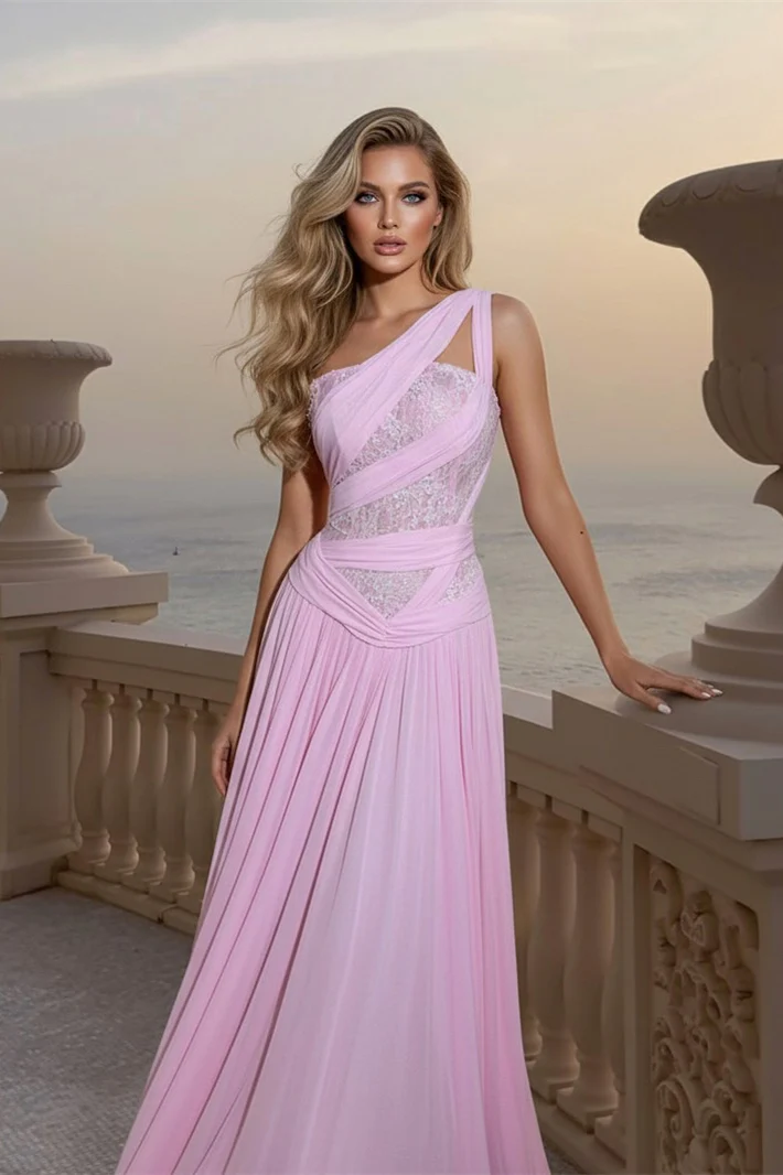 Beautiful Pink One Shoulder Chiffon Sleeveless Prom Dress A-Line Long With Pleats - Image 2