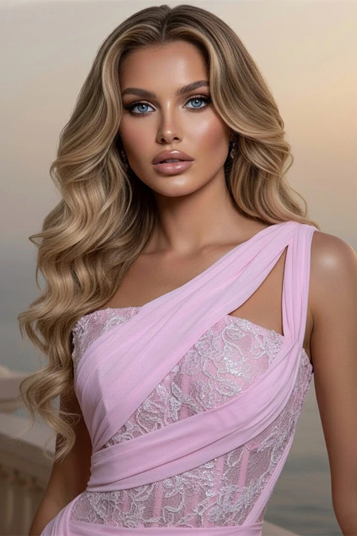 Beautiful Pink One Shoulder Chiffon Sleeveless Prom Dress A-Line Long With Pleats - Image 3