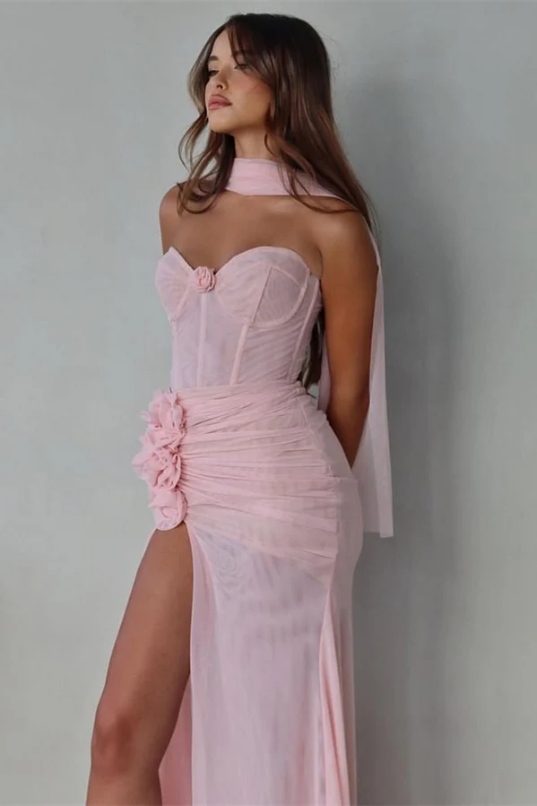 Beautiful Pink Sweetheart Chiffon Prom Dresses Long High Slit With Flower Pleats - Image 2