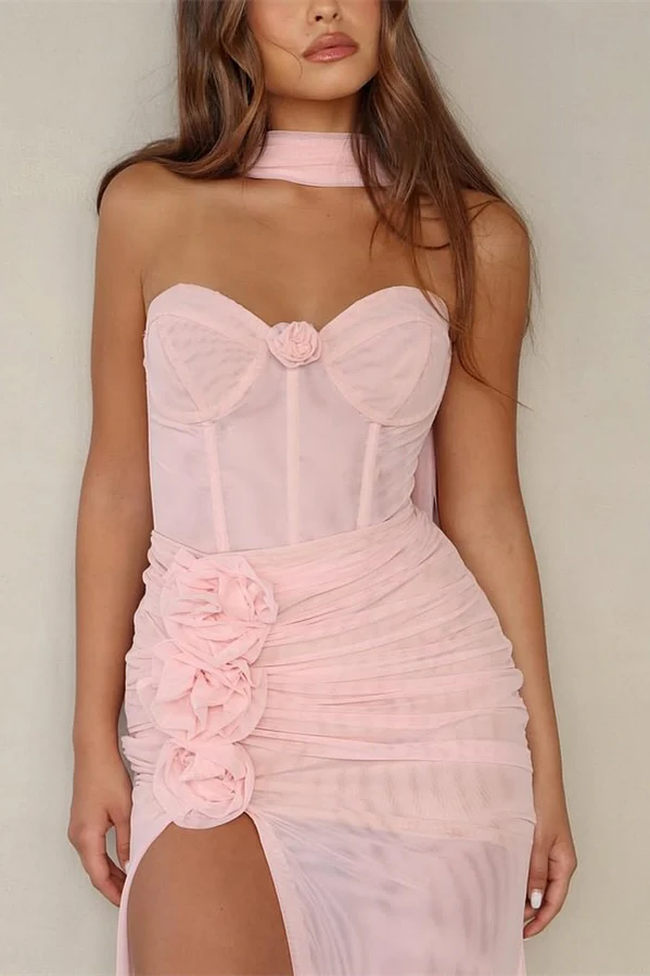 Beautiful Pink Sweetheart Chiffon Prom Dresses Long High Slit With Flower Pleats - Image 3