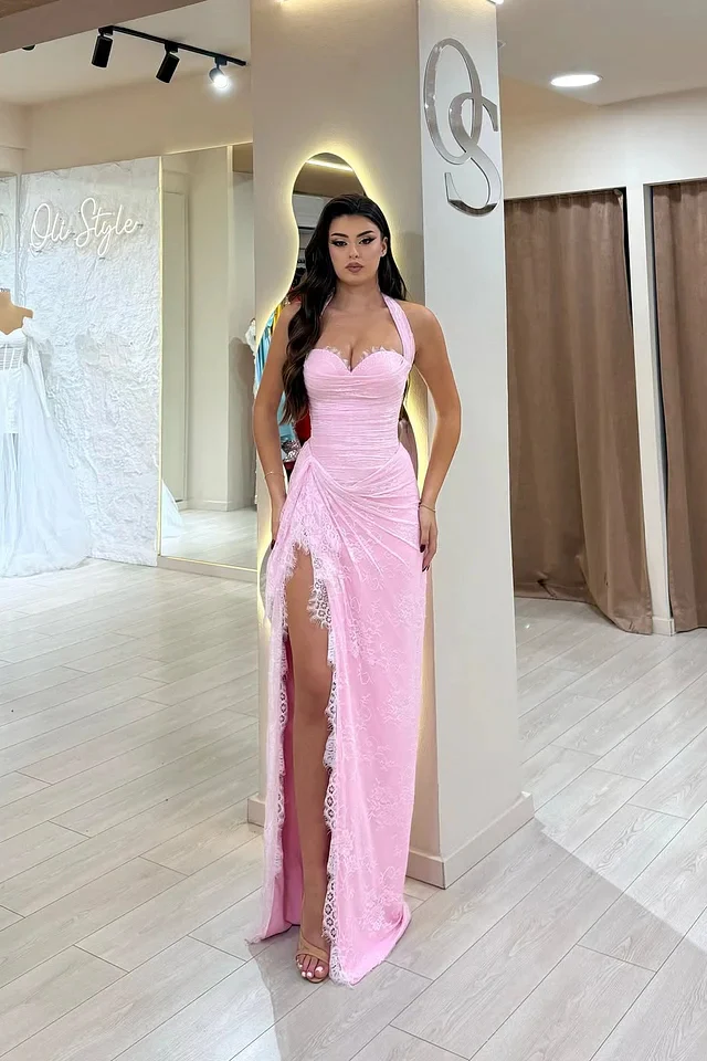Beautiful Pink Sweetheart Halter Sleeveless Lace Prom Dress Mermaid With Side Split - Image 2