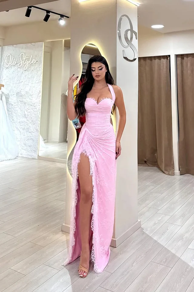 Beautiful Pink Sweetheart Halter Sleeveless Lace Prom Dress Mermaid With Side Split - Image 3