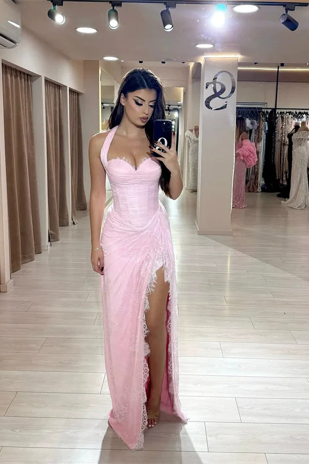 Beautiful Pink Sweetheart Halter Sleeveless Lace Prom Dress Mermaid With Side Split - Image 4