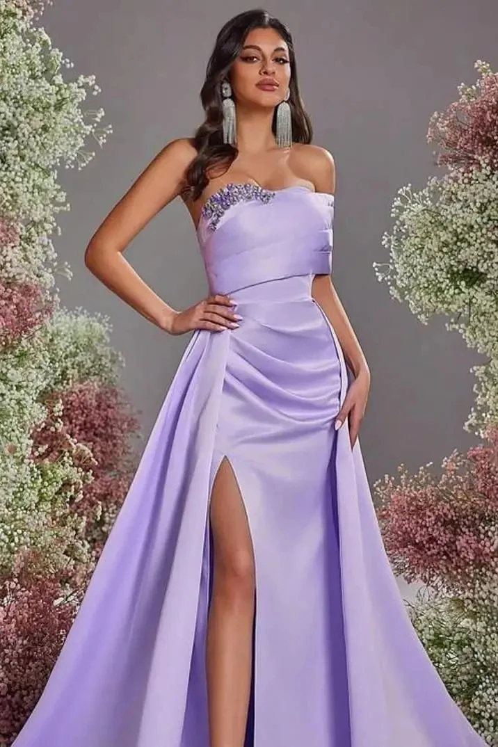 Beautiful Purple Strapless Sleeveless Satin Prom Dresses A-Line High Split With Gem - Image 2