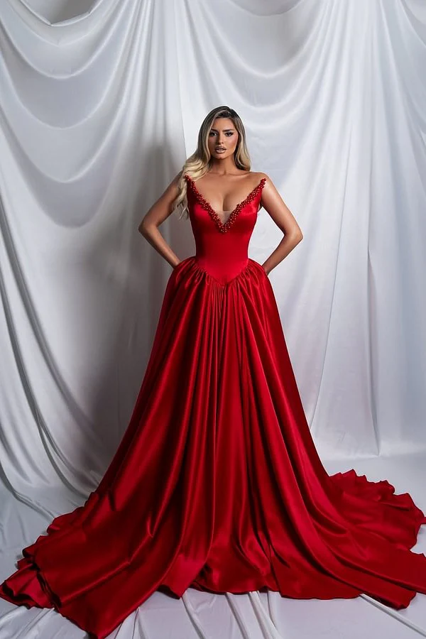Beautiful Red V-Neck Strapless Satin Prom Dresses Sleeveless A-Line With Pearls Pleats - Image 2