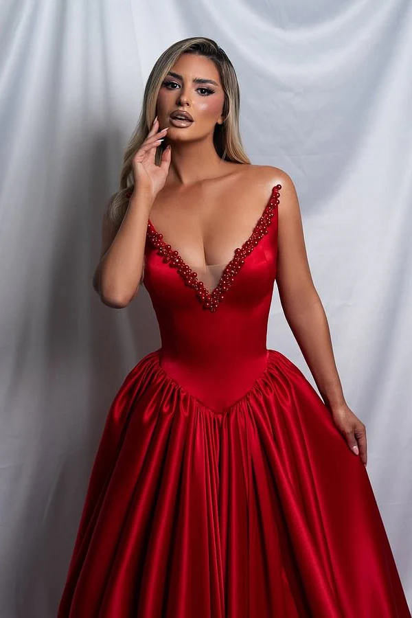 Beautiful Red V-Neck Strapless Satin Prom Dresses Sleeveless A-Line With Pearls Pleats - Image 3