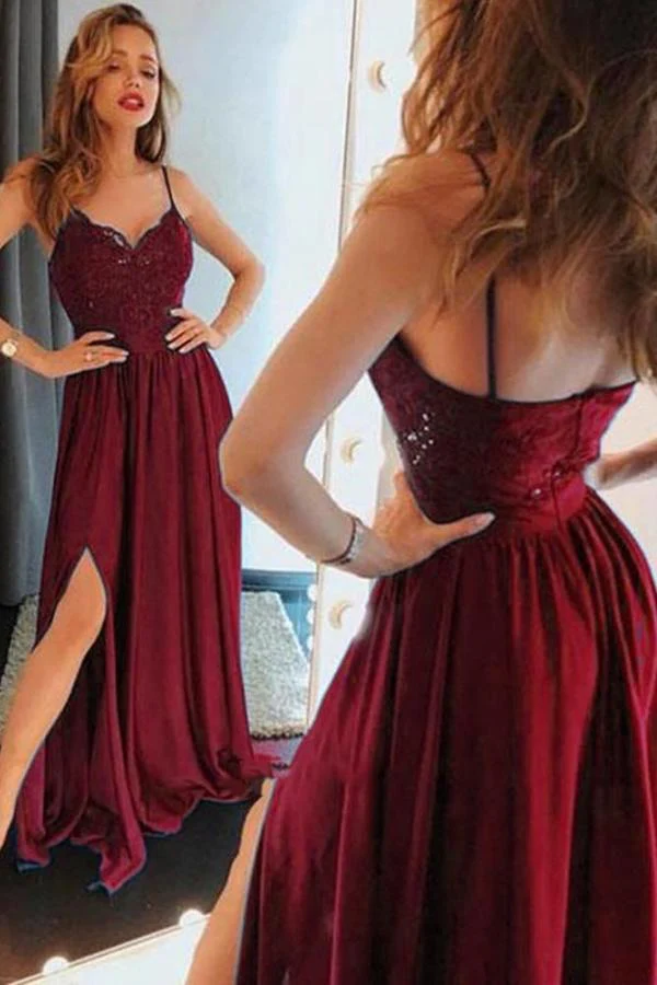 Beautiful Spaghetti-Straps Lace Appliques Prom Dress Long With Split - Image 3
