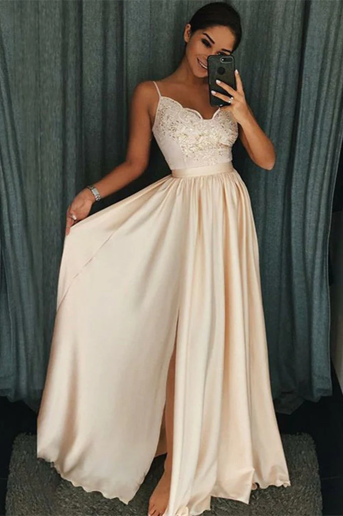Beautiful Spaghetti-Straps Lace Appliques Prom Dress Long With Split - Image 4
