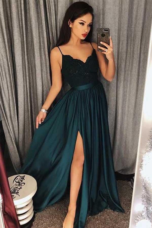 Beautiful Spaghetti-Straps Lace Appliques Prom Dress Long With Split - Image 5