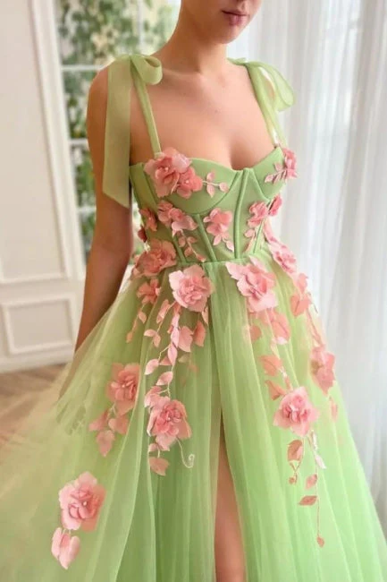 Modest Spaghetti-Straps Sleeveless Long soft net Prom Dress With Front Split - Image 2