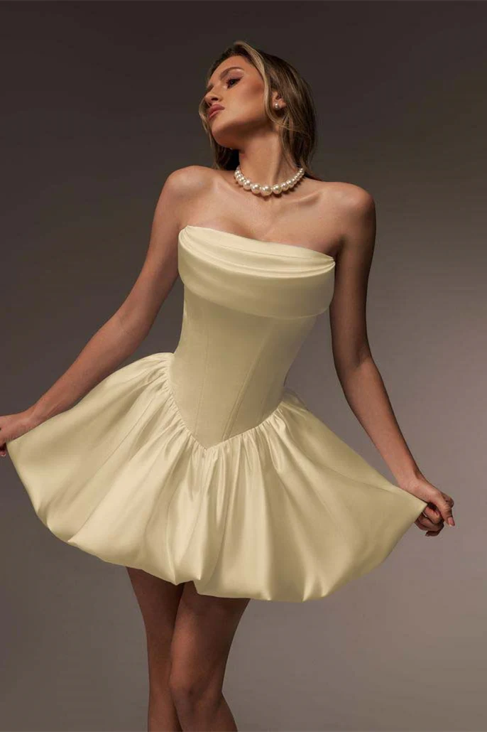 Beautiful Strapless Satin Homecoming Dresses Sleeveless A-Line Mini With Pleats - Image 3