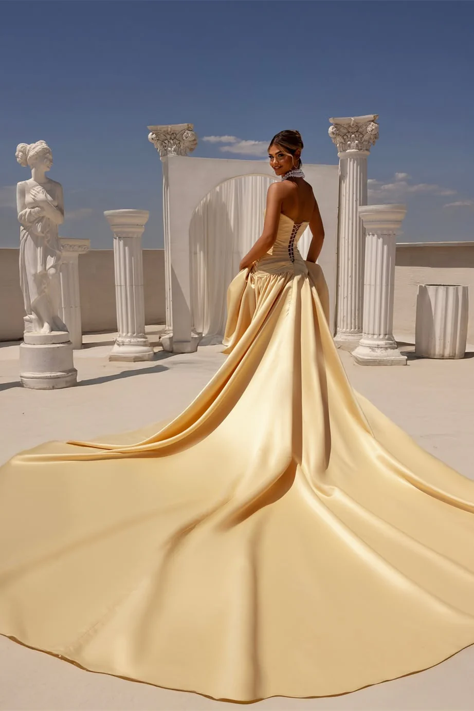 Beautiful Strapless Satin Prom Dresses A-Line Sleeveless Lace-Up-Back With Bow Knot Pleats - Image 3