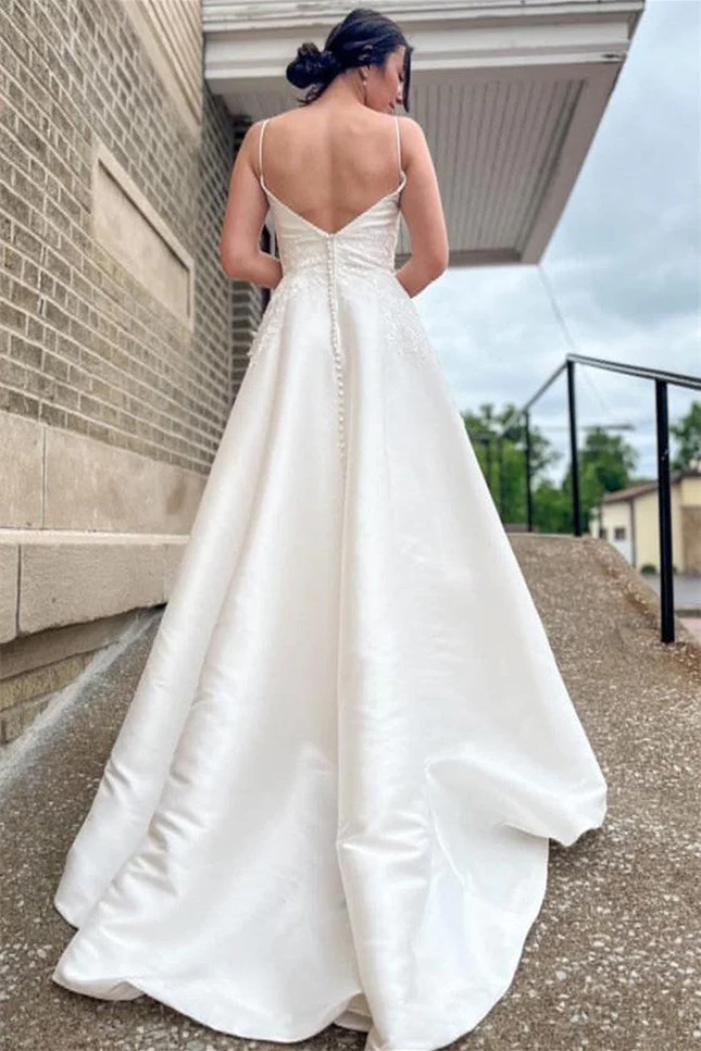 Beautiful V-Neck Spaghetti-Straps A-Line Wedding Dresses Satin Open Back With Appliques Lace Buttons - Image 2