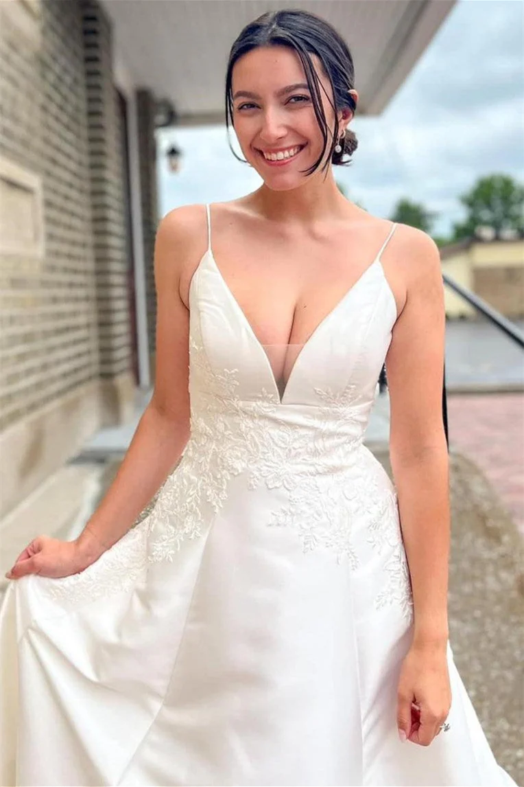 Beautiful V-Neck Spaghetti-Straps A-Line Wedding Dresses Satin Open Back With Appliques Lace Buttons - Image 3