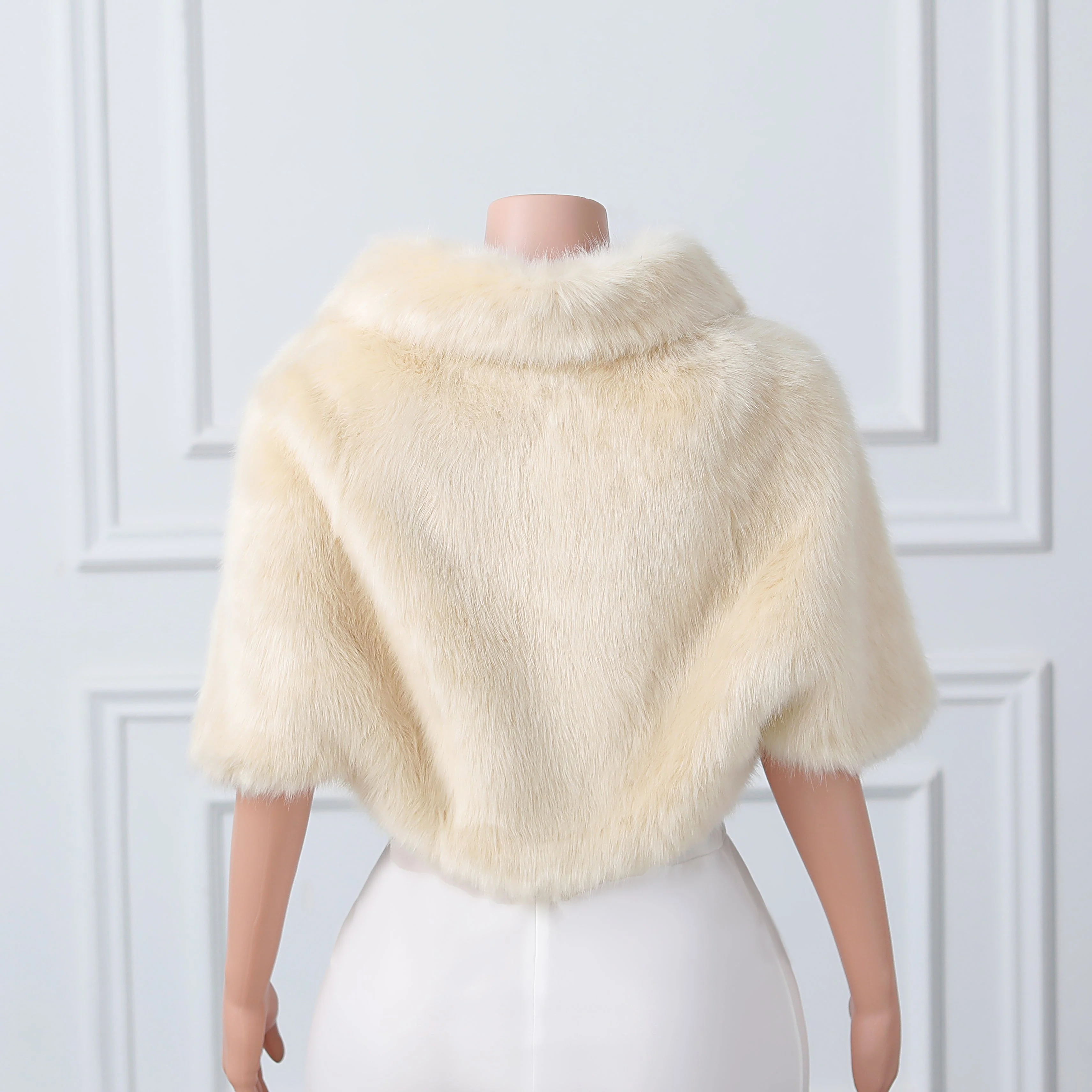 Beige Mid-length Butterfly Sleeve Faux Fur Coat with Lapel Collar - Image 2