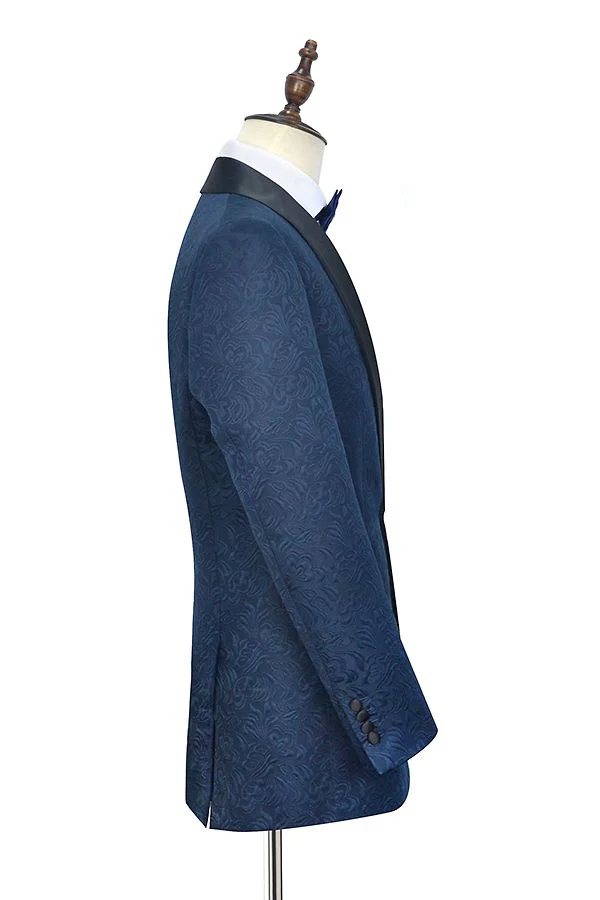 Classy Navy Blue Mens Suits for Weddings Jacquard Black Silk Shawl Lapel Prom Suits - Image 3