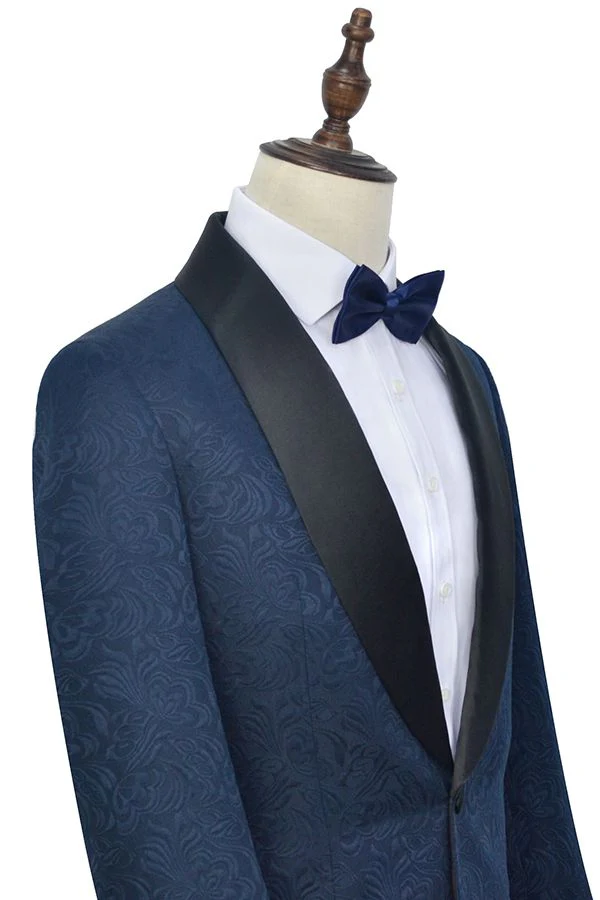 Classy Navy Blue Mens Suits for Weddings Jacquard Black Silk Shawl Lapel Prom Suits - Image 4