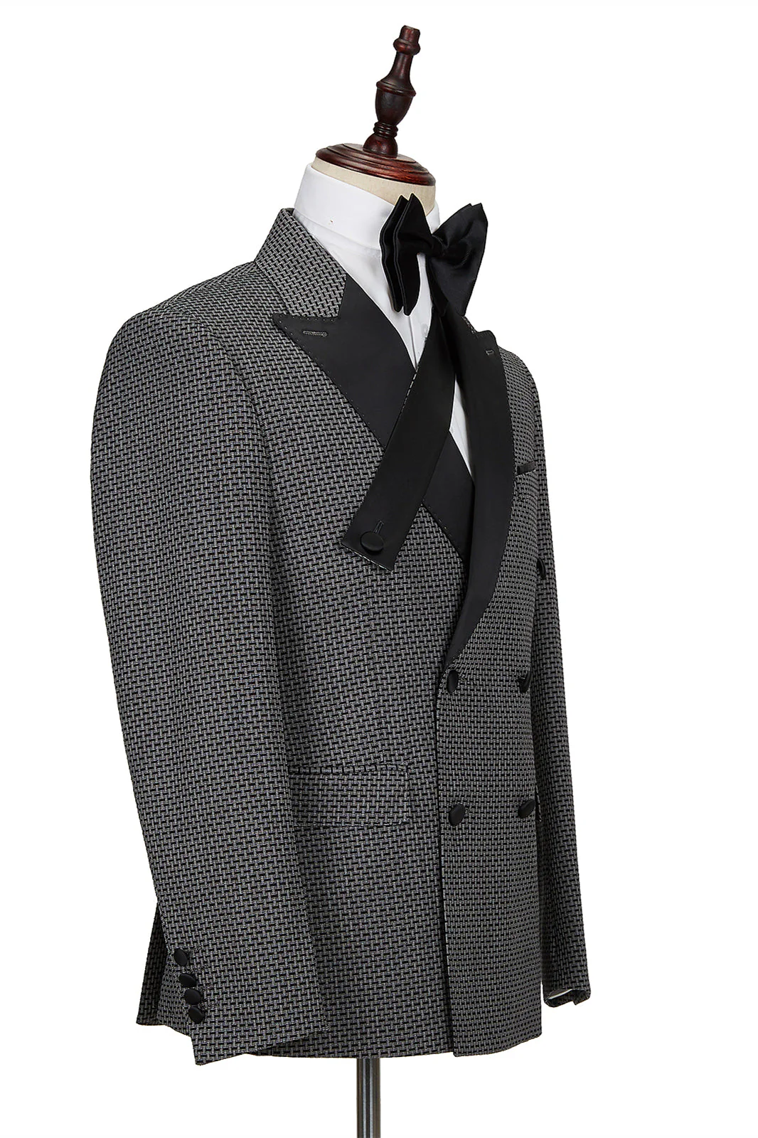 Bespoke Black-and-Gray Cruciform Satin Peak Lapel Double Breasted Men Formal Suit - Image 3