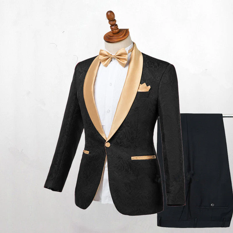 Bespoke Black One Button Wedding Men Suits with Gold Lapel - Image 2