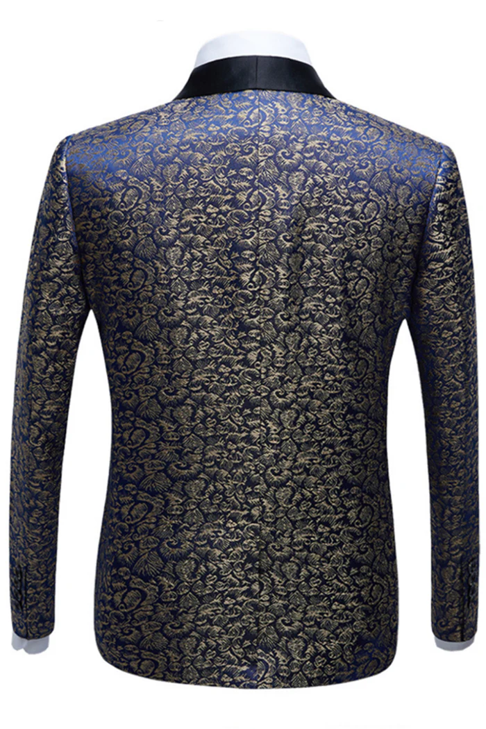 Bespoke Black Satin Shawl Lapel Wedding Tuxedos Gold Jacquard Blue Men Suits for Prom - Image 2