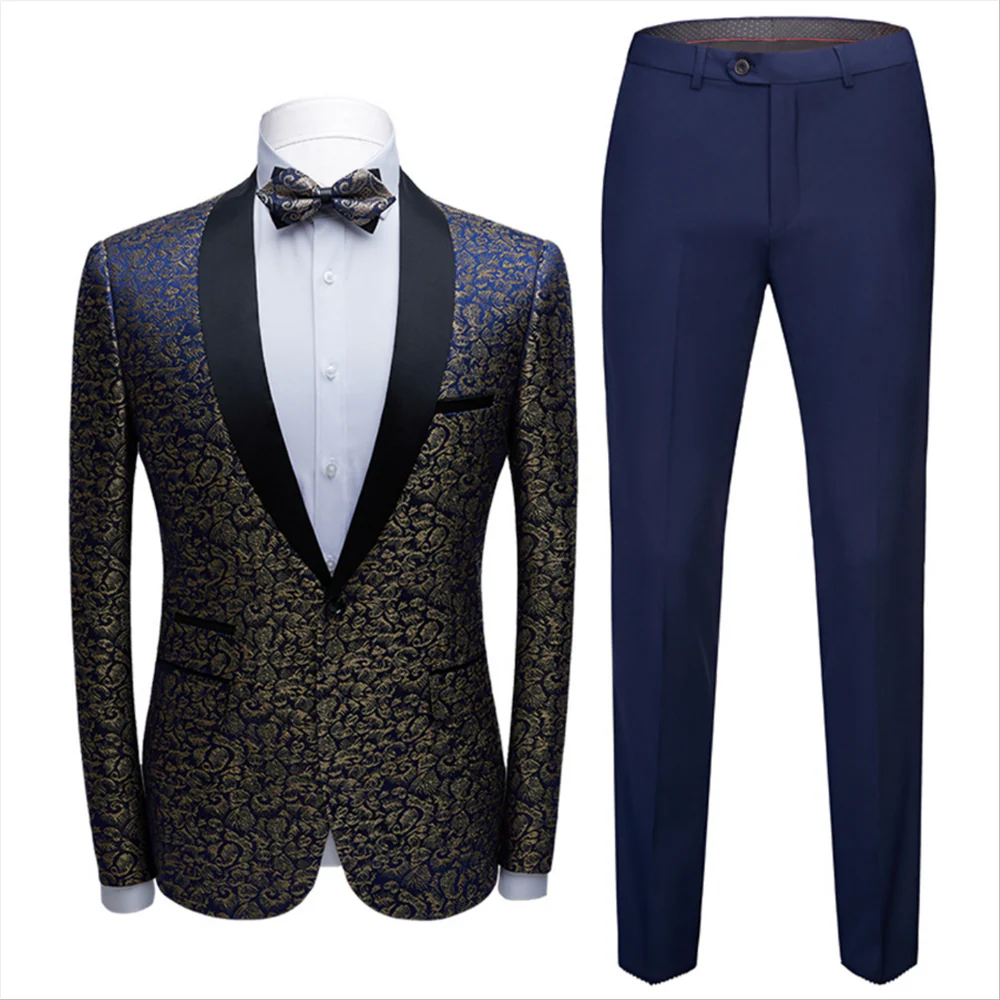 Bespoke Black Satin Shawl Lapel Wedding Tuxedos Gold Jacquard Blue Men Suits for Prom - Image 3