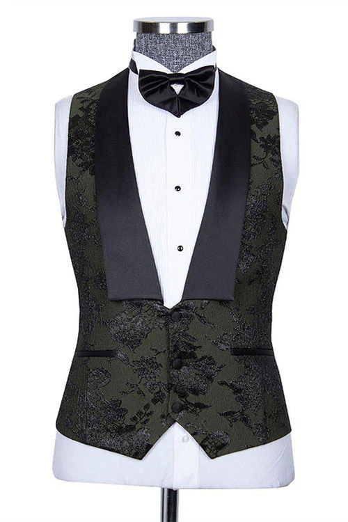 Bespoke Black Three Pieces Jacquard Peaked Lapel Wedding Groom Suits - Image 2