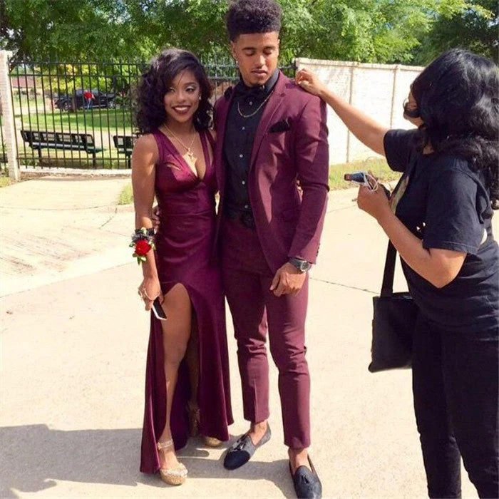Bespoke Burgundy Two-Piece Slim Fit Men's Prom Suits Online - Image 2