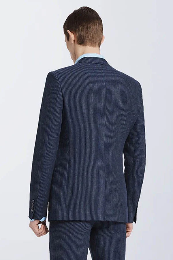 Bespoke Dark Navy Mens Casual Suits Stripes Patch Pockets Daily Men Suits - Image 3