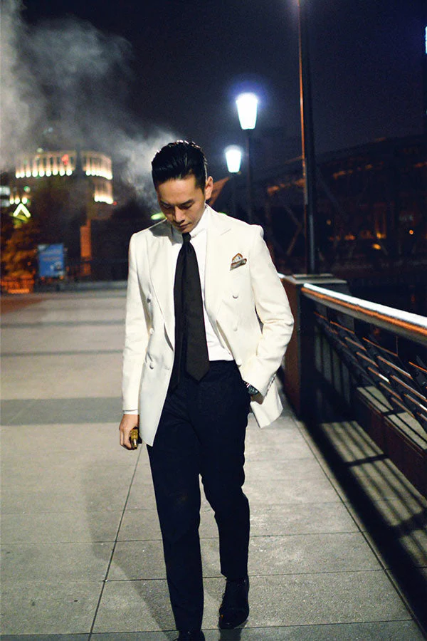Bespoke Double Breasted Wedding Suits for Groom Black and White Mens Suits - Image 2
