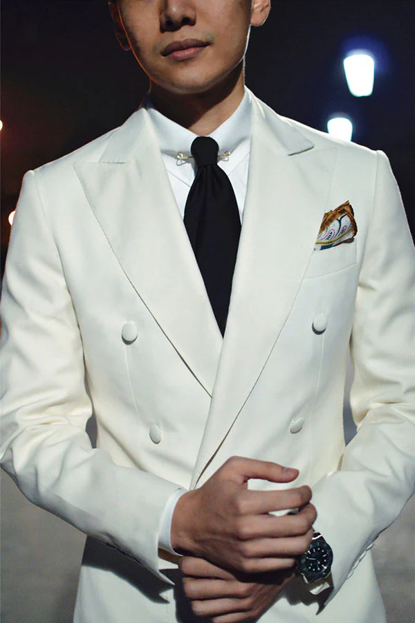 Bespoke Double Breasted Wedding Suits for Groom Black and White Mens Suits - Image 4