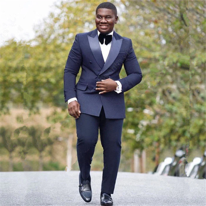 Bespoke Navy Blue Double Breasted Peaked Silk Lapel Mens Suit Online - Image 2