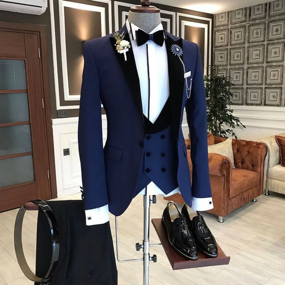 Bespoke Peaked Lapel Slim Fit Dark Navy Formal Business Men Suit - Image 3