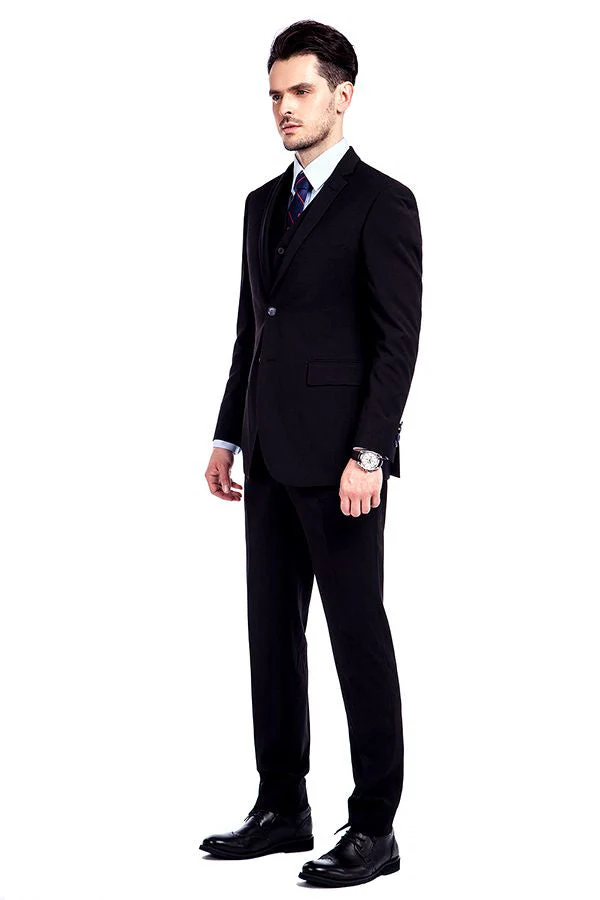 Bespoke Solid Black Three Piece Suits for Men - Image 2