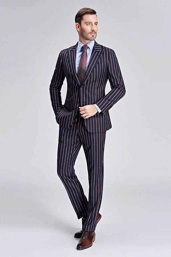 Bespoke Stripes Dark Navy Mens Suits Peak Lapel Three Flap Pockets Suits for Men - Image 3