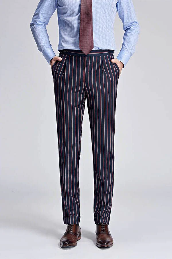 Bespoke Stripes Dark Navy Mens Suits Peak Lapel Three Flap Pockets Suits for Men - Image 5