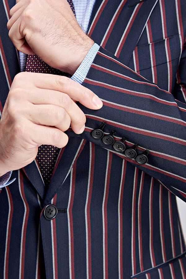 Bespoke Stripes Dark Navy Mens Suits Peak Lapel Three Flap Pockets Suits for Men - Image 7