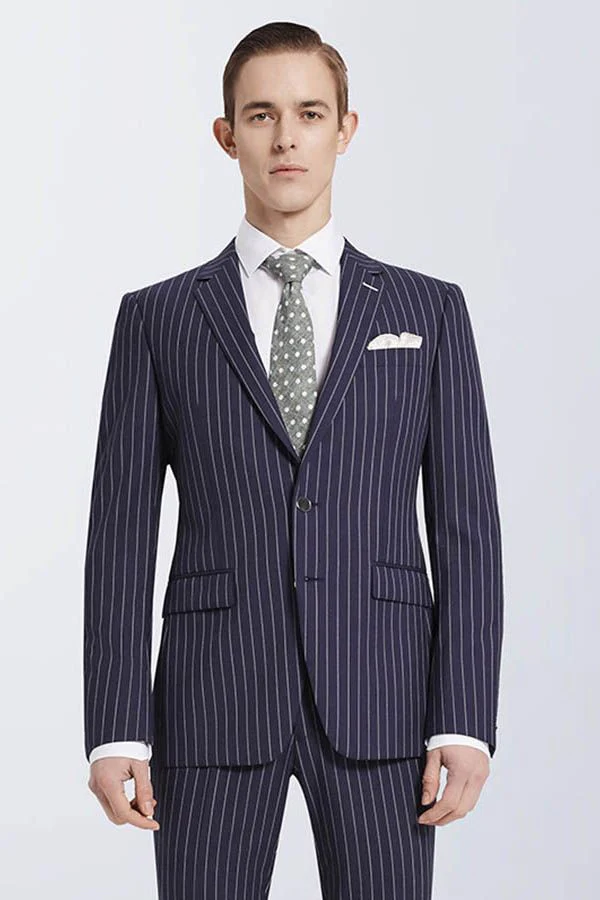 Bespoke Stripes Navy Marriage Suits Narrow Notch Lapel Leisure Suits for Men - Image 2