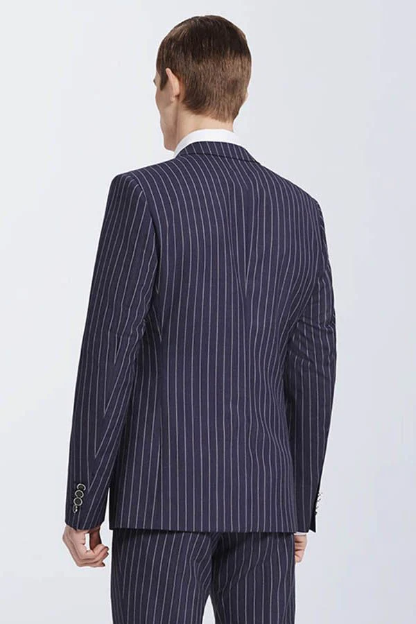 Bespoke Stripes Navy Marriage Suits Narrow Notch Lapel Leisure Suits for Men - Image 3