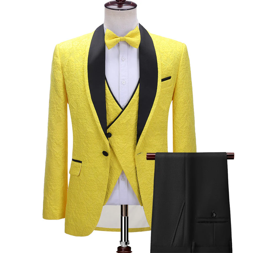 Bespoke Yellow One Button Three-piece Wedding Suit with Black Lapel - Image 2