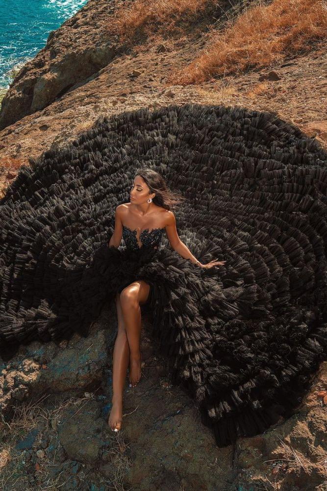 Black Beach Hi Lo Tulle Wedding Evening Gown Sleeveless lace - Image 11