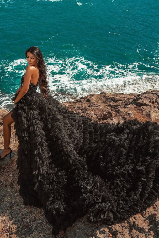 Black Beach Hi Lo Tulle Wedding Evening Gown Sleeveless lace - Image 2