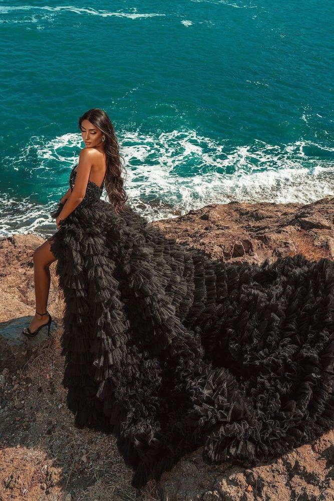 Black Beach Hi Lo Tulle Wedding Evening Gown Sleeveless lace - Image 9