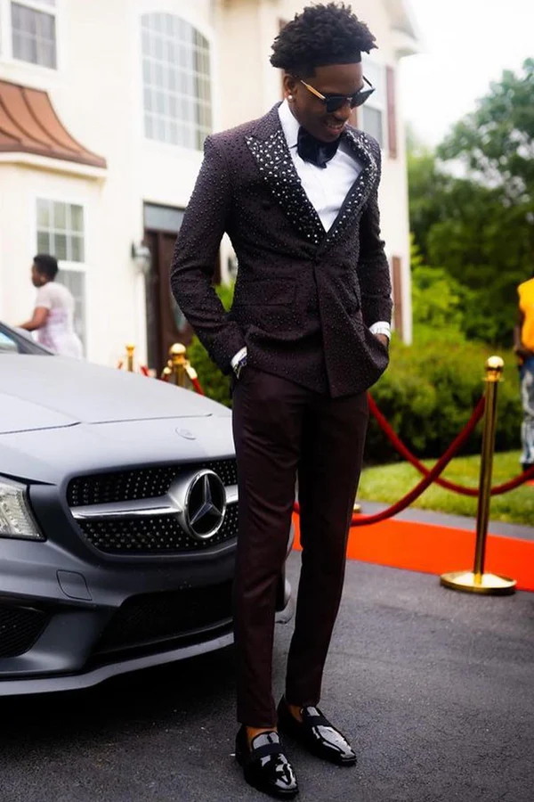 Black Beaded Prom Suit with Peaked Lapel and Beading - Image 2