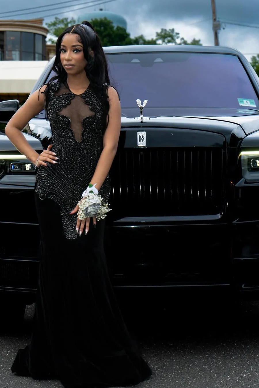 Black Beaded Sleeveless Round neck Mermaid Long Prom Dresses - Image 2