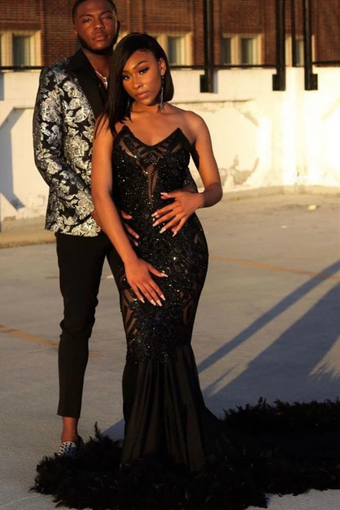 Black Chic Mermaid Prom Party GownsSweetheart Sequined Evening Dress - Image 2