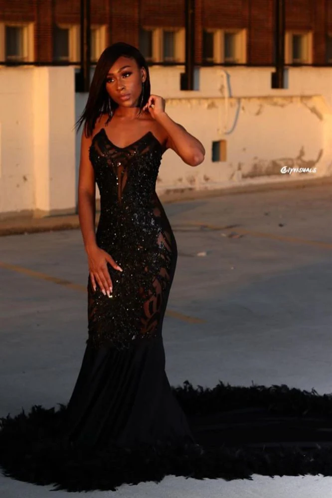 Black Chic Mermaid Prom Party GownsSweetheart Sequined Evening Dress - Image 3