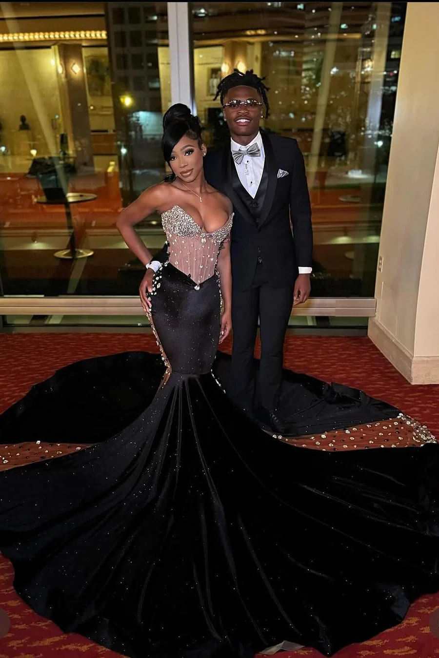 Black Court Train Beaded Sweetheart Sparkle Long Prom Dresses - Image 2