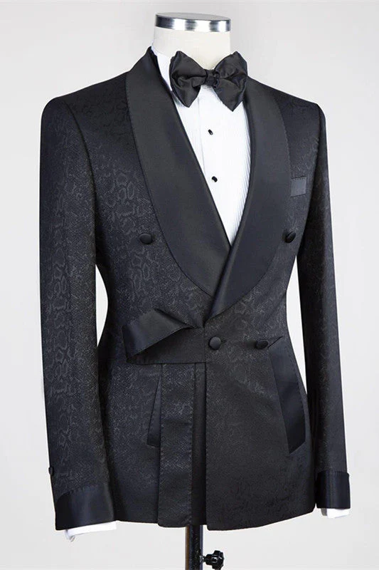 Black Double Breasted Shawl Lapel Jacuqard Wedding Suit - Image 2