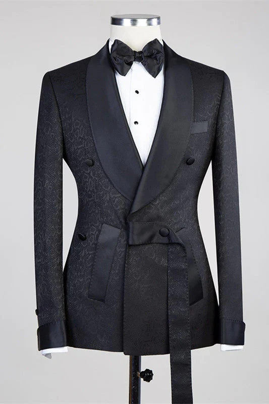 Black Double Breasted Shawl Lapel Jacuqard Wedding Suit - Image 3